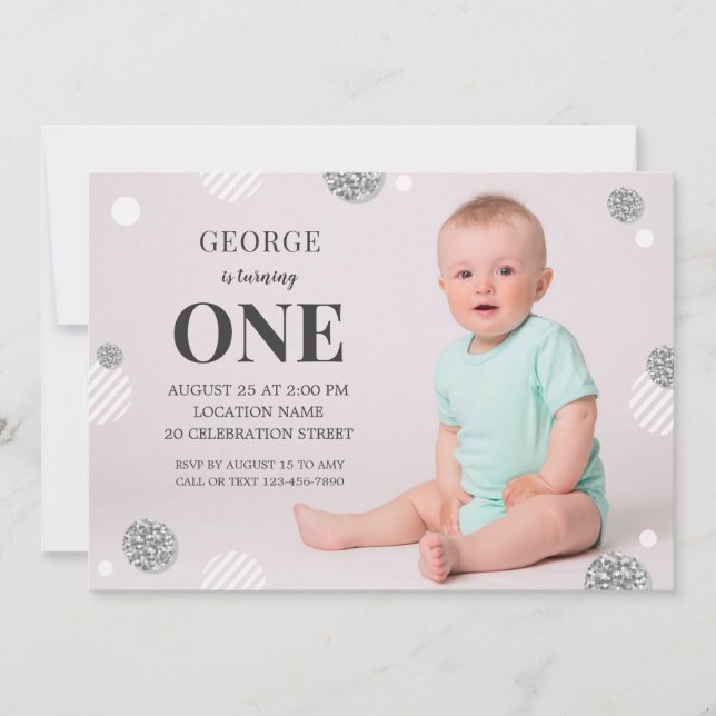Modernes Niedliches Baby Foto 1. Geburtstag Einladung (Vorderseite)