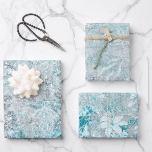Modernes Niedliches Blue Icy Glitzer Blumenmuster Geschenkpapier Set