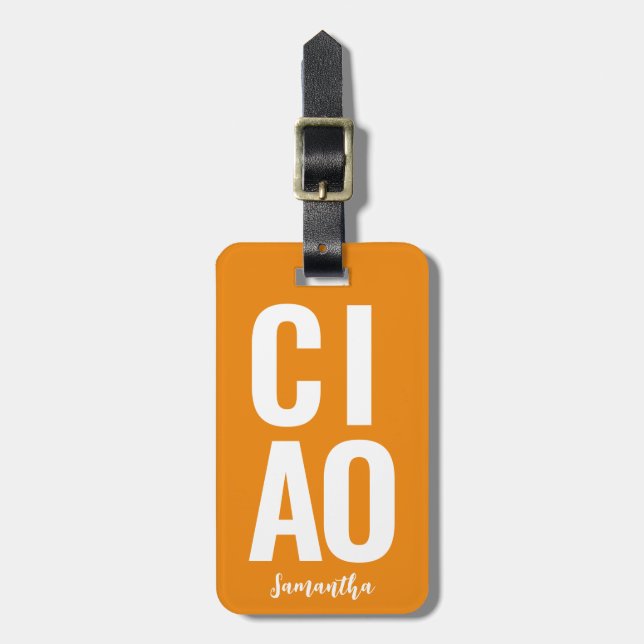 Modernes Niedliches Funny Bold Ciao Neon Orange Gepäckanhänger (Vorderseite vertikal)
