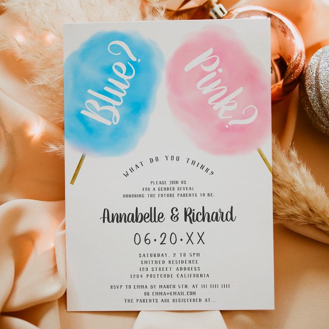 Modernes niedliches Geschlecht offenbart blaue ros Einladung (Modern cute gender reveal blue pink cotton candy invitation)