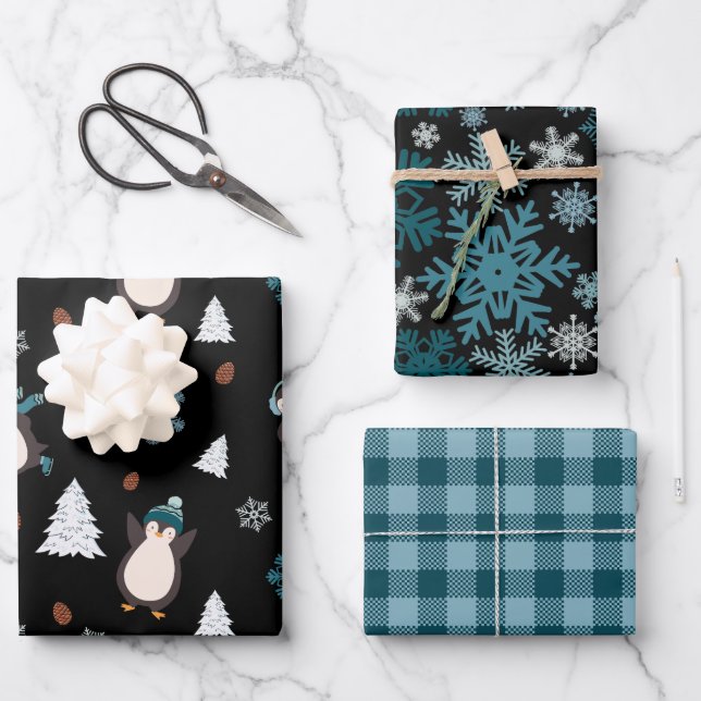 Modernes Niedliches Pinguin-Wrapping Paper Geschenkpapier Set (Vorderseite)