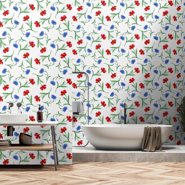 Modernes Niedliches Rotes Blau & Weiße Blütenfreih Tapete (Badezimmer)
