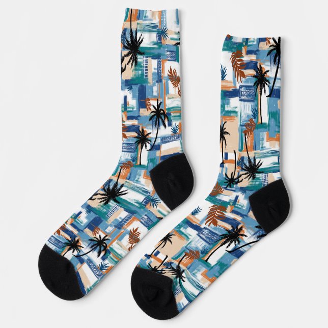 Modernes Niedliches tropisches Prüfmuster Blau Socken (Linkes Detail)
