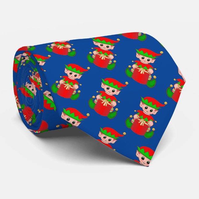 Modernes Niedliches Weihnachtself-Muster in Blue Krawatte (Gerollt)
