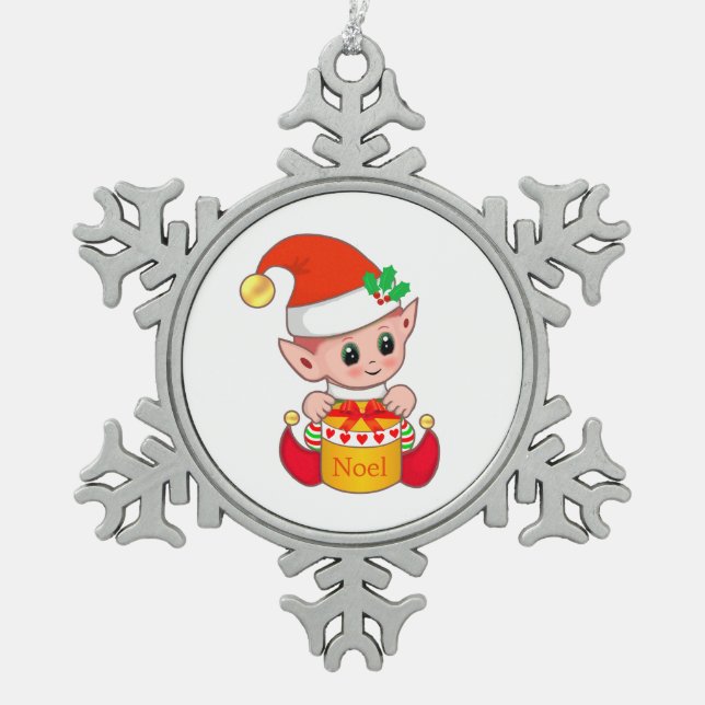Modernes Niedliches Weihnachtself Schneeflocken Zinn-Ornament (Vorderseite)