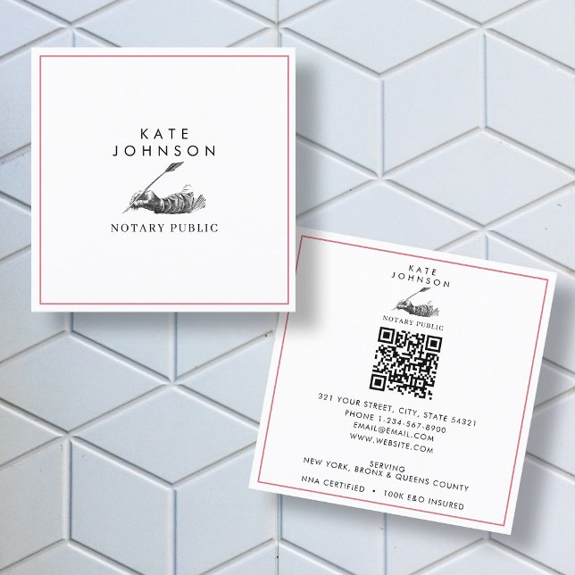 Modernes Notar Signature Agent Feather Quill Logo Quadratische Visitenkarte (Modern Notary Signing Agent Feather Quill Logo Square Business Card)