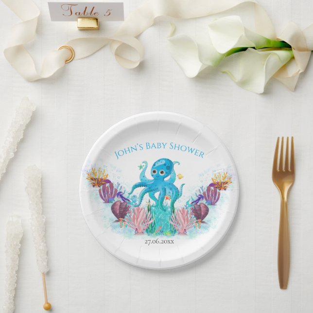 Modernes Ocean Baby Octopus Aquarellfarben P Pappteller (Hochzeit)