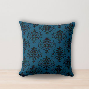 Modernes Ocean Blue Black Damask Muster Kissen