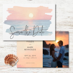 Modernes Ocean Sunset Watercolor Beach Hochzeitsfe Save The Date
