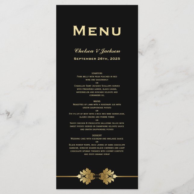 Modernes offizielles Black Gold-Hochzeitmenü Menükarte (Vorderseite)