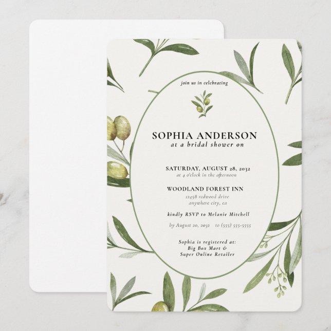 Modernes Olive Branch Brautparty Einladung (Vorne/Hinten)