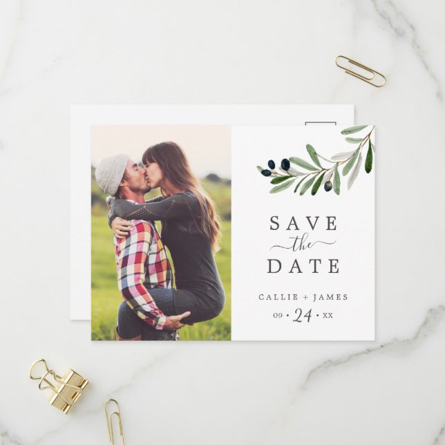 Modernes Olive Branch Foto Save the Date Einladungspostkarte (Vorderseite/Rückseite Beispiel)
