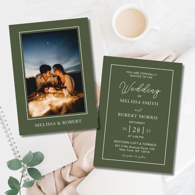 Modernes Olive Green Calligraphy Foto Wedding Einladung (Modern Olive Green Calligraphy Script Elegant Photo Wedding Invitation Back to Back with White Font)