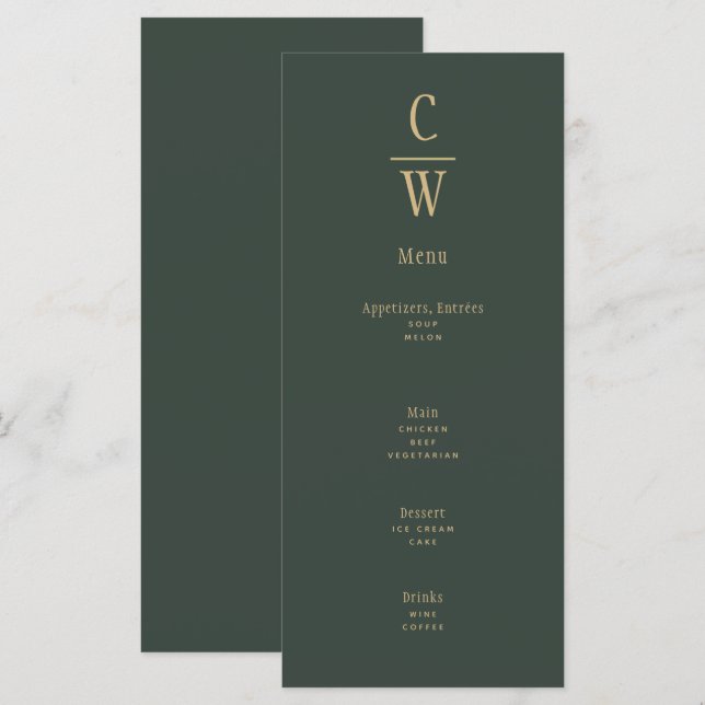 Modernes Olive Green Gold Hochzeitmenü Mit Monogra Menükarte (Vorne/Hinten)