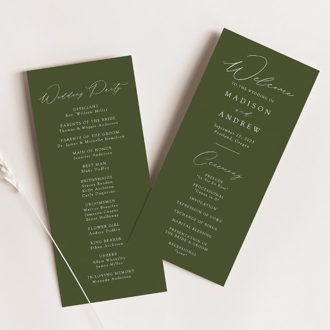 Modernes Olive Green Wedding Programm (Von Creator hochgeladen)