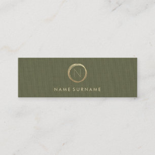Modernes Olivgrün-elegantes Goldleinenmonogramm Mini Visitenkarte
