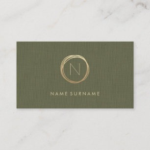 Modernes Olivgrün-elegantes Goldleinenmonogramm Visitenkarte