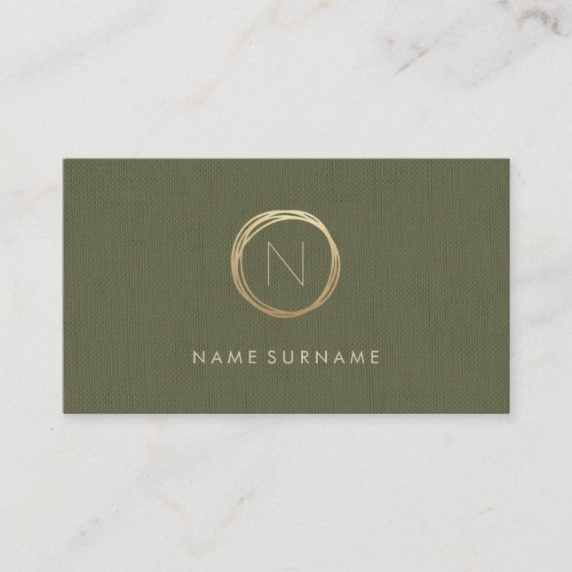 Modernes Olivgrün-elegantes Goldleinenmonogramm Visitenkarte (Vorderseite)