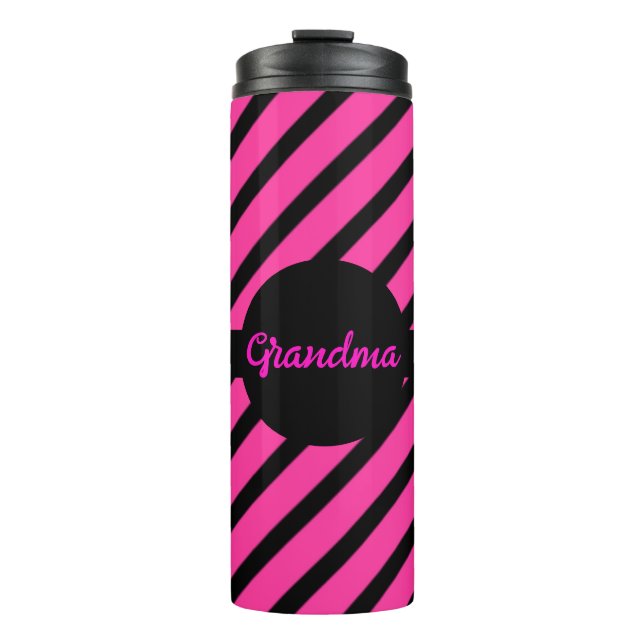 Modernes Oma Schwarz/Rosa Streifen Muster Thermosbecher (Vorderseite)