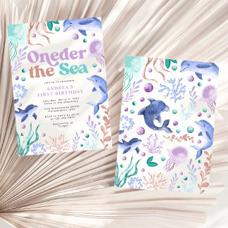 Modernes Onethe Sea Dolphin Retro Erster Geburtsta Einladung
