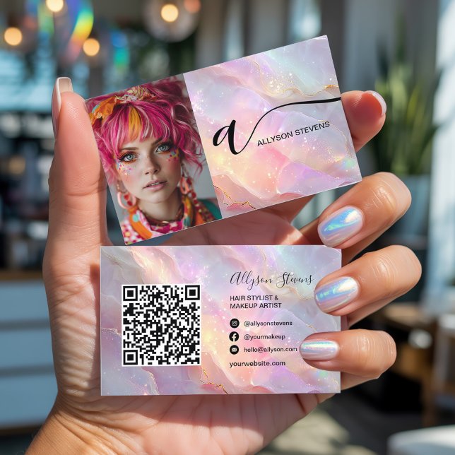 Modernes Opal Rainbow Glitzer Foto QR Code Makeup Visitenkarte (Modern Opal Rainbow Glitter Photo QR Code Makeup Business Card)