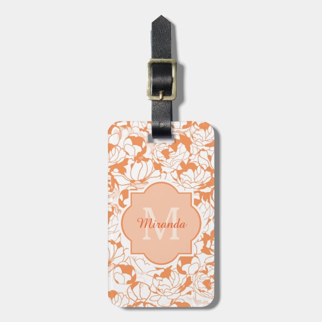 Modernes orange Girly mit Blumenmonogramm mit Gepäckanhänger (Vorderseite vertikal)