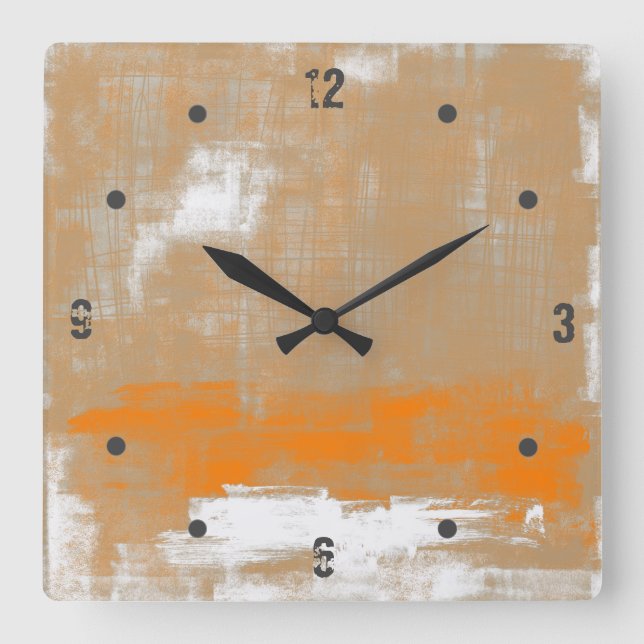 Modernes Orange Grau Abstrakt Quadratische Wanduhr (Vorderseite)