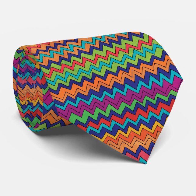 Modernes Orange Lila Blue Green Zickzack Patches Krawatte (Gerollt)