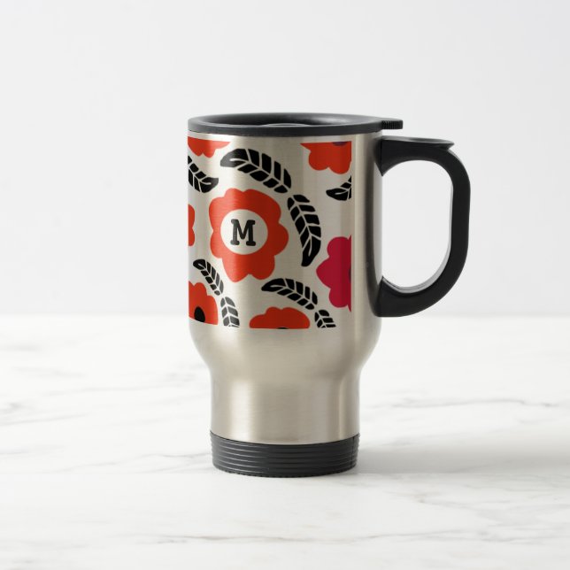 Modernes orange-rotes florales Monogramm Reisebecher (Rechts)