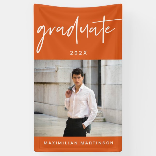 Modernes Orange- und White Graduate Script-Foto Banner (Vertikal)