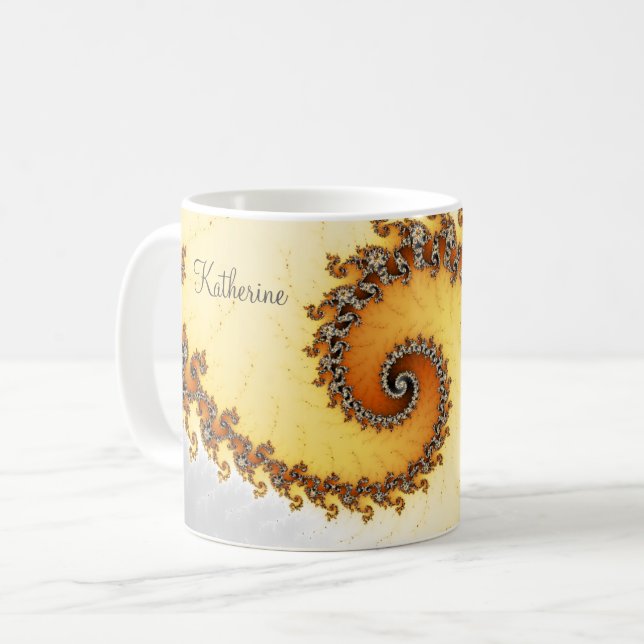 Modernes orangefarbenes Fraktal mit Namen Kaffeetasse (Vorderseite Links)