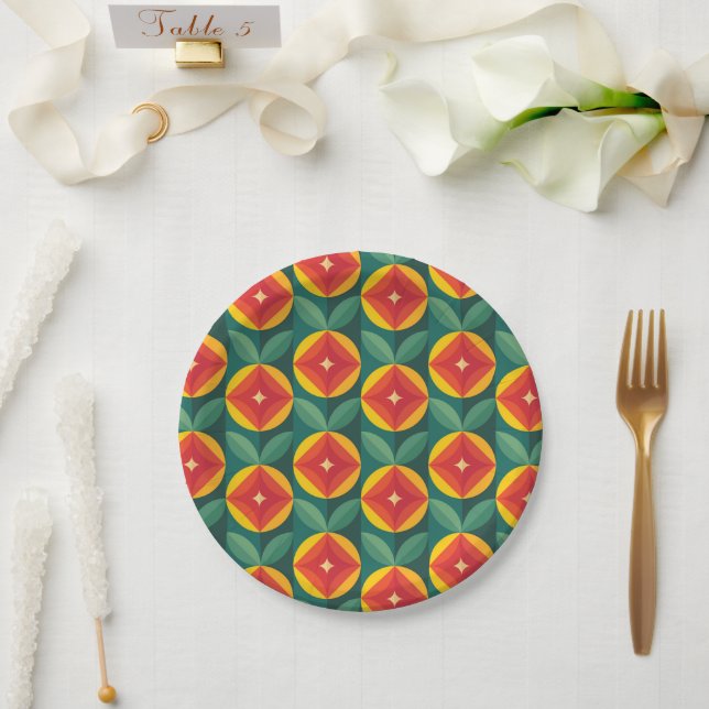 Modernes, orangefarbenes Muster aus dem Mittelalte Pappteller (Hochzeit)