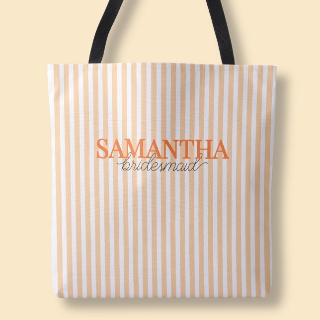 Modernes, orangefarbenes Skript mit benutzerdefini Tasche (Modern Orange Striped Script Custom Bridesmaid Tote Bag)