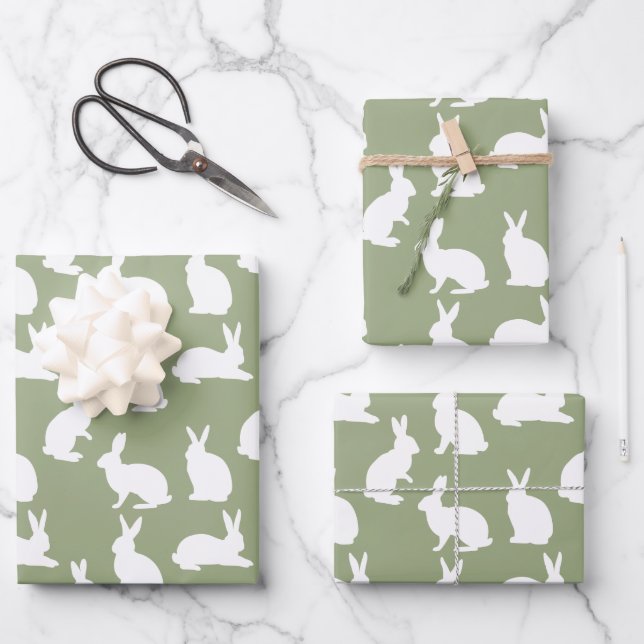 Modernes Ostern im Farbton Salbeigrün und Weiß mit Geschenkpapier Set (Vorderseite)