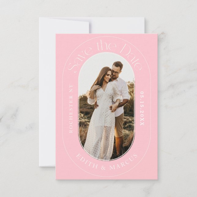 Modernes ovales Foto Save the Date rosa (Vorderseite)
