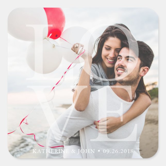 Modernes Overlay-Foto "LIEBE" Quadratischer Aufkleber (Vorderseite)