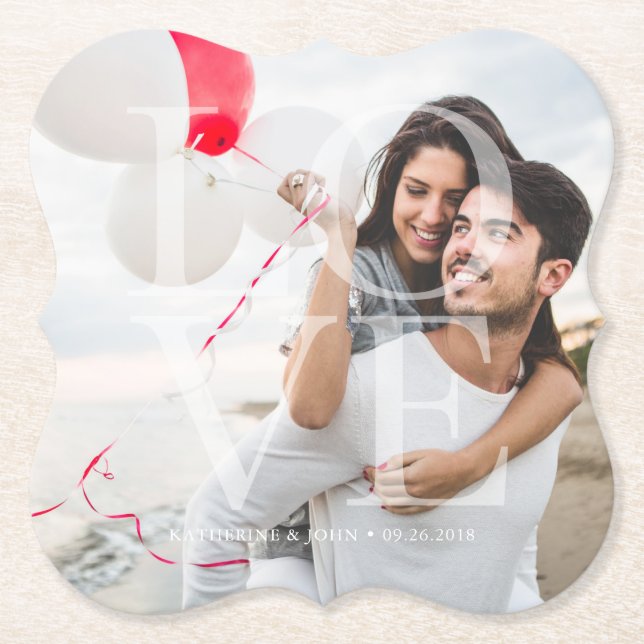 Modernes Overlay-Foto "LIEBE" Untersetzer (Vorderseite)