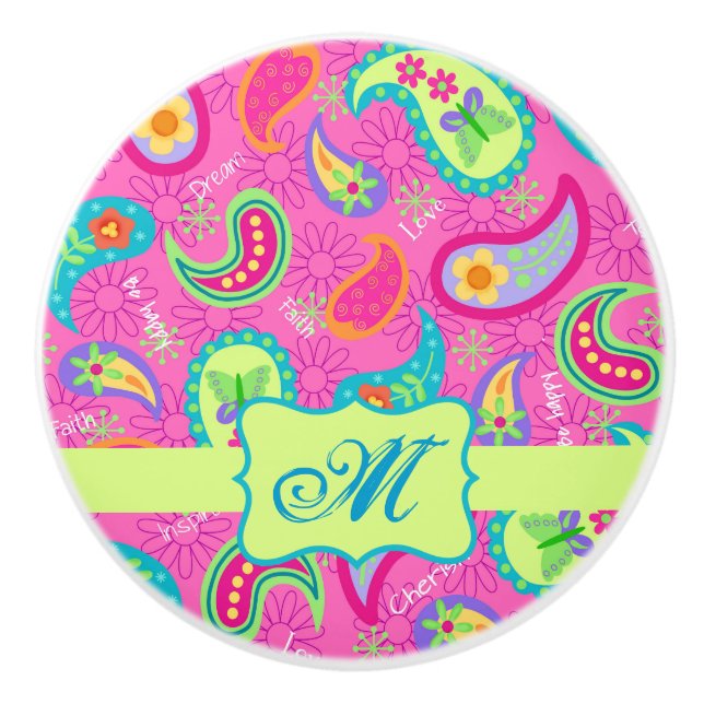 Modernes Paisley Hot Pink Monogramm Personalisiert Keramikknauf (Vorderseite)