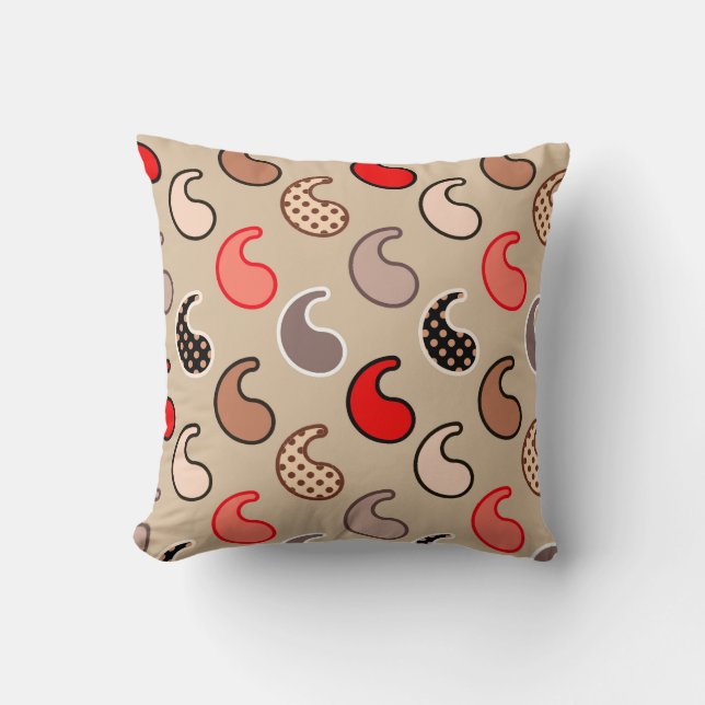 Modernes Paisley-Muster, Beige, Rot, Grau und Kora Kissen (Vorderseite)