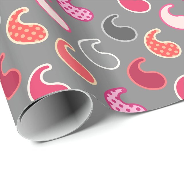 Modernes Paisley Muster, Koralle, Rosa auf Grau /  Geschenkpapier (Rolleneckpunkt)