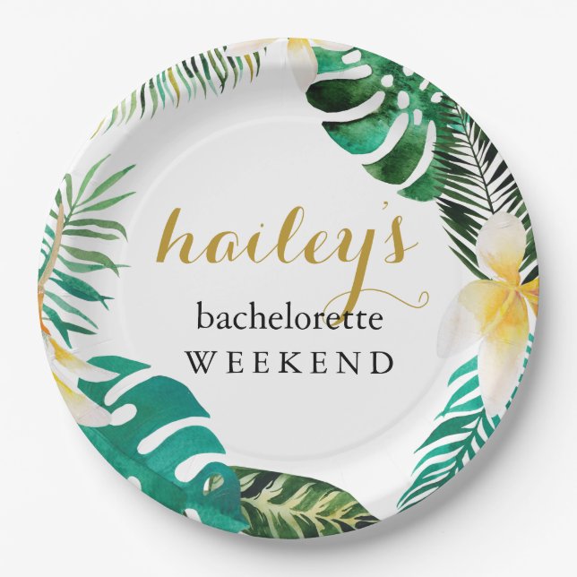 Modernes Palm Bachelorette Wochenende mit Namen Pappteller (Vorderseite)
