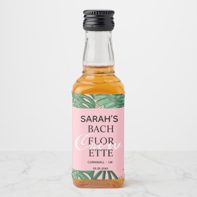 Modernes Palm Tropical Pink Bachelorette Crew Part Alkoholflaschenetikett (Vorderseite)