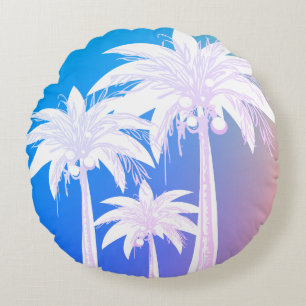 Modernes Palmenblätterdach Wasserfarben Blau Pink Rundes Kissen