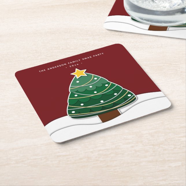 Modernes Papercut Style Weihnachtsbaum Xmas Party Rechteckiger Pappuntersetzer (angewinkelt)