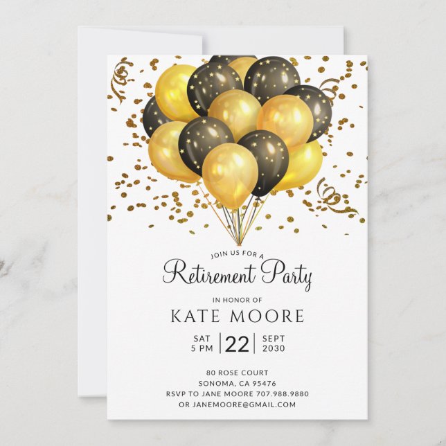 Modernes Party für die Altersvorsorge Gold Black B Einladung (Vorderseite)