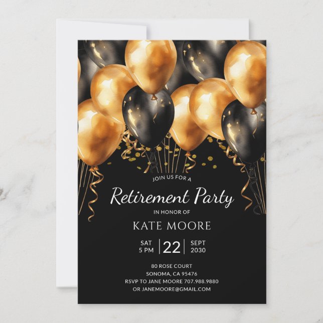 Modernes Party für die Altersvorsorge Gold Black B Einladung (Vorderseite)