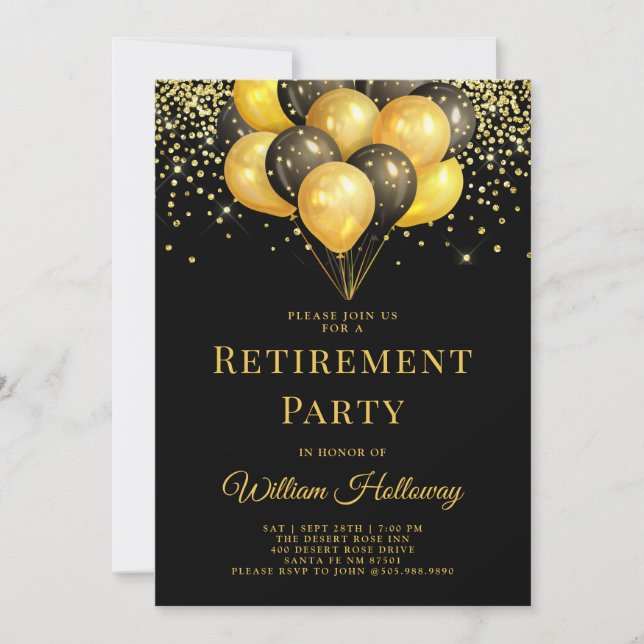 Modernes Party für die Altersvorsorge Gold Black B Einladung (Vorderseite)
