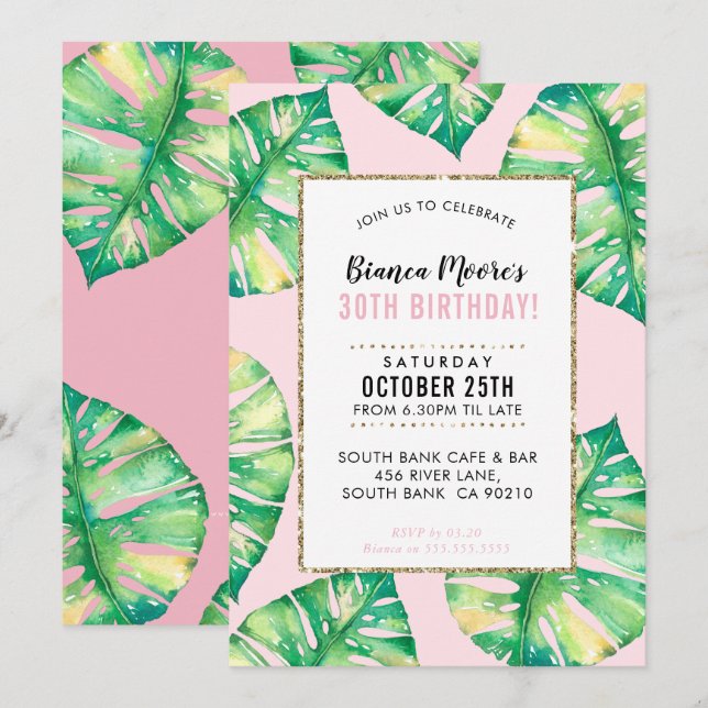 MODERNES PARTY INVITE Tropische Monstera Blätter Einladung (Vorne/Hinten)