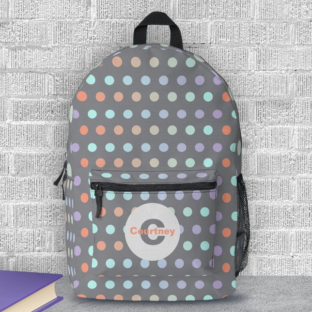 Modernes Pastel farbiges Polka Dot Muster auf Grau Bedruckter Rucksack (Von Creator hochgeladen)