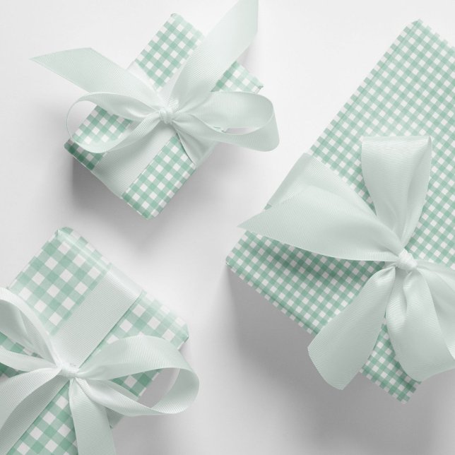 Modernes Pastel Mint Green Gingham Karo Pattern Geschenkpapier Set (Mint green gingham wrapping paper. Elegant mint and white gingham checks pattern gift wraps.)